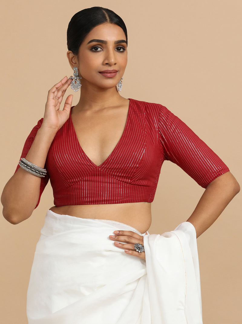 Natasha x Rozaana | Elbow Sleeves Saree Blouse in Red Silver Stripe Cotton-Binks