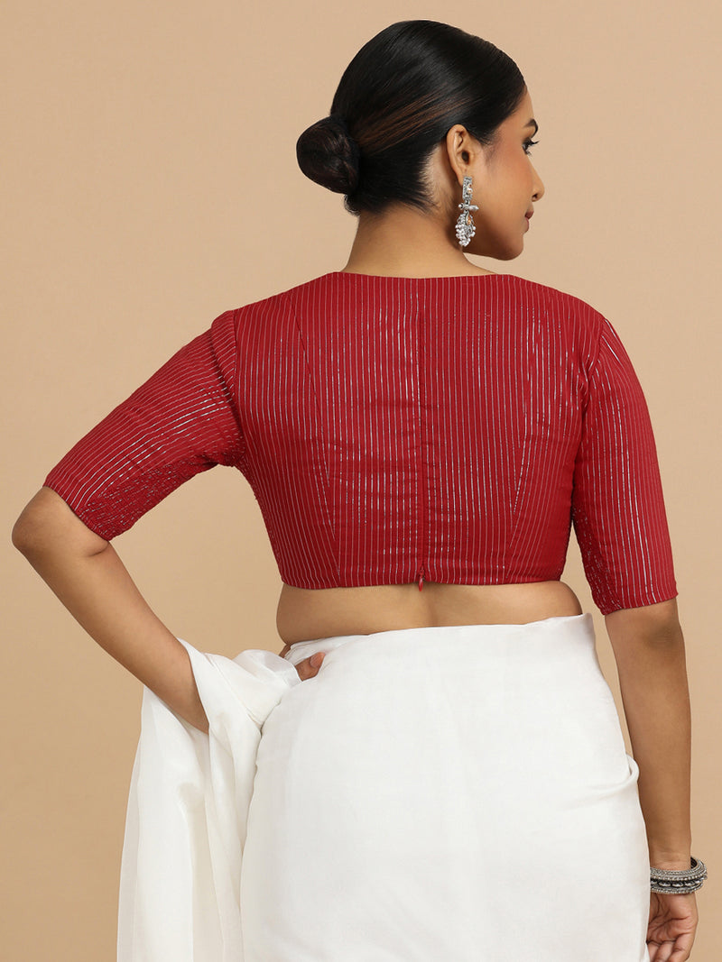 Natasha x Rozaana | Elbow Sleeves Saree Blouse in Red Silver Stripe Cotton-Binks