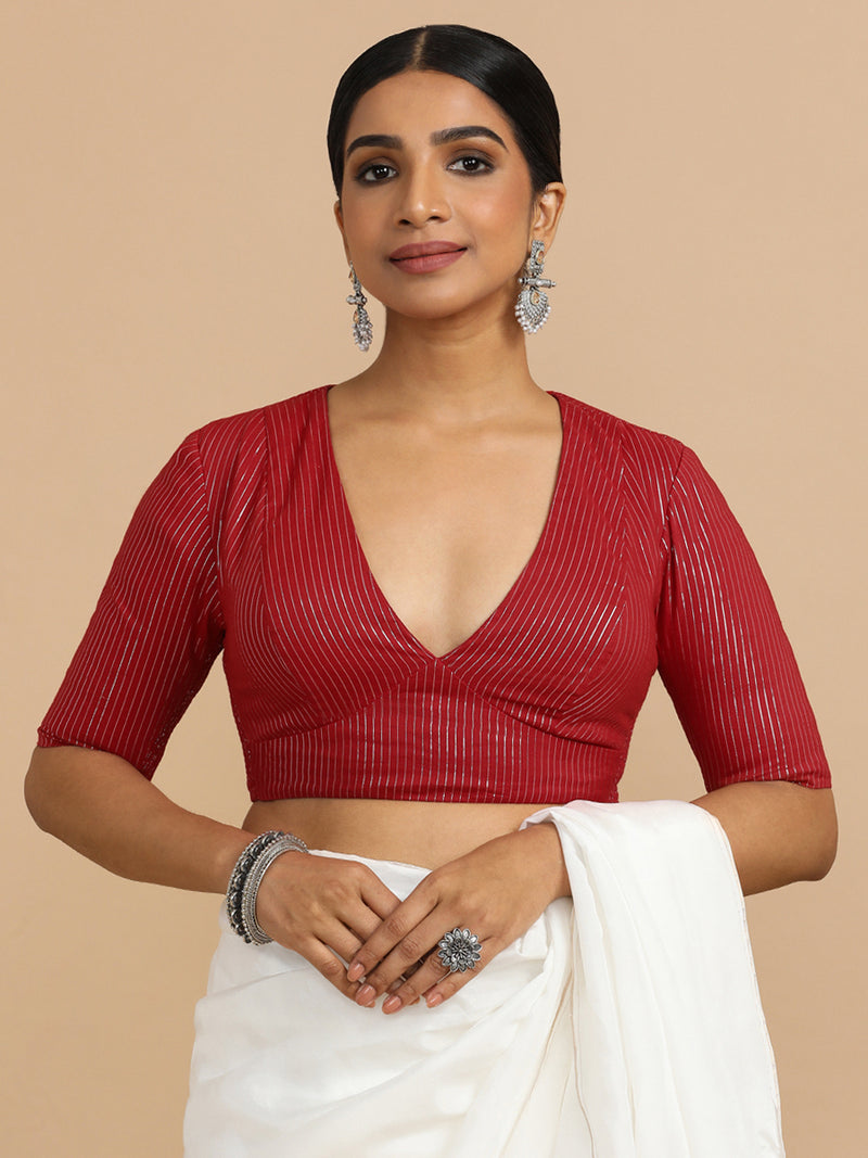 Natasha x Rozaana | Elbow Sleeves Saree Blouse in Red Silver Stripe Cotton-Binks