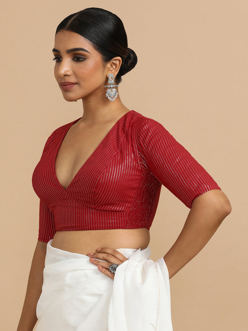 Natasha x Rozaana | Elbow Sleeves Saree Blouse in Red Silver Stripe Cotton-Binks