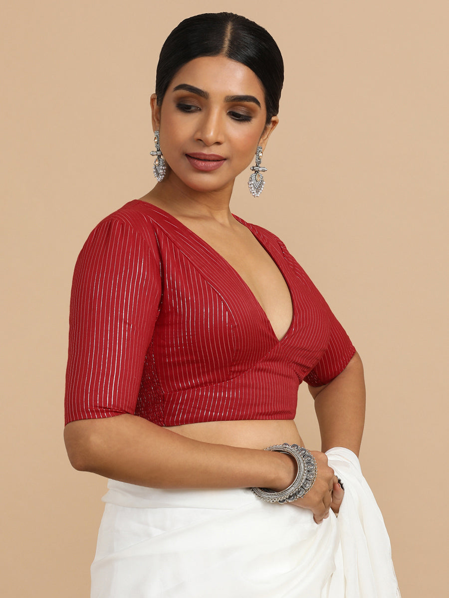 Natasha x Rozaana Saree Blouse, in Red 100% Cotton & Lurex, featuring elbow sleeves and v-neckline, made for party & festive.