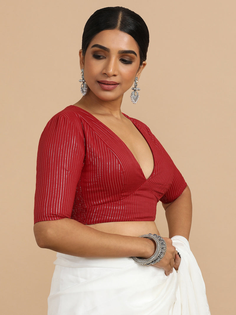 Natasha x Rozaana | Elbow Sleeves Saree Blouse in Red Silver Stripe Cotton-Binks
