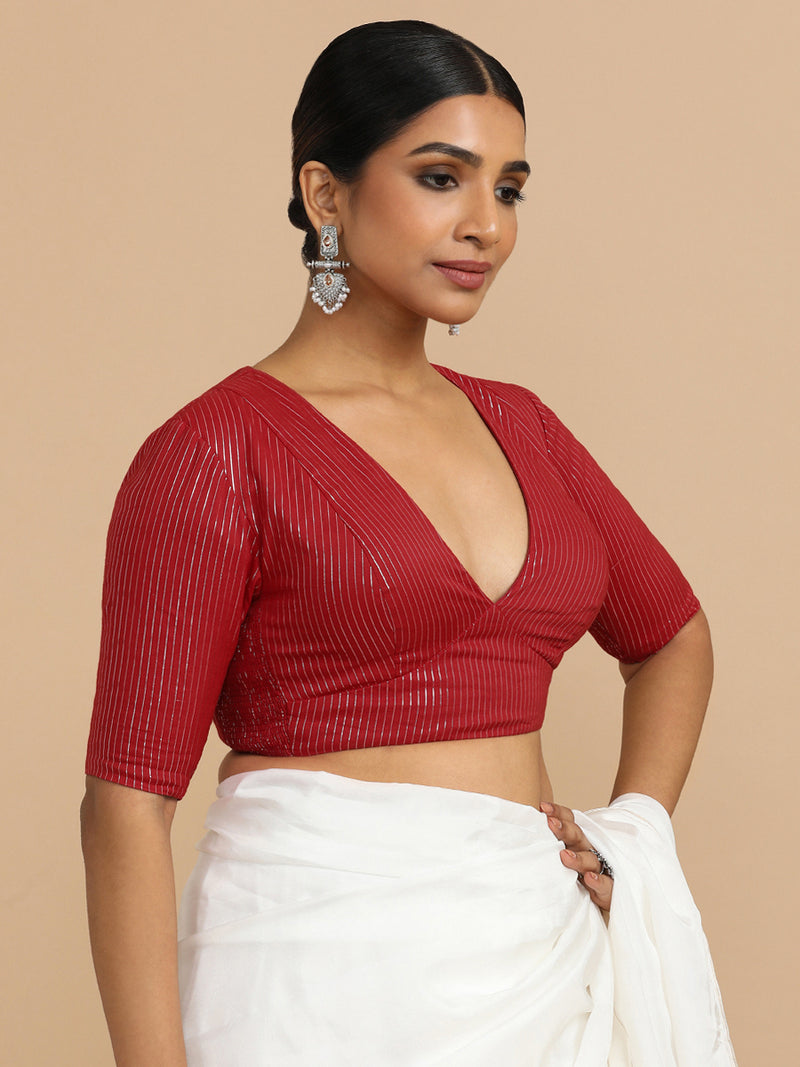 Natasha x Rozaana | Elbow Sleeves Saree Blouse in Red Silver Stripe Cotton-Binks