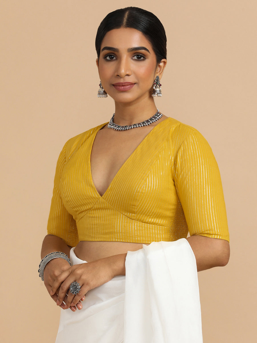 Natasha x Rozaana | Elbow Sleeves Saree Blouse in Turmeric Yellow Silver Stripe Cotton