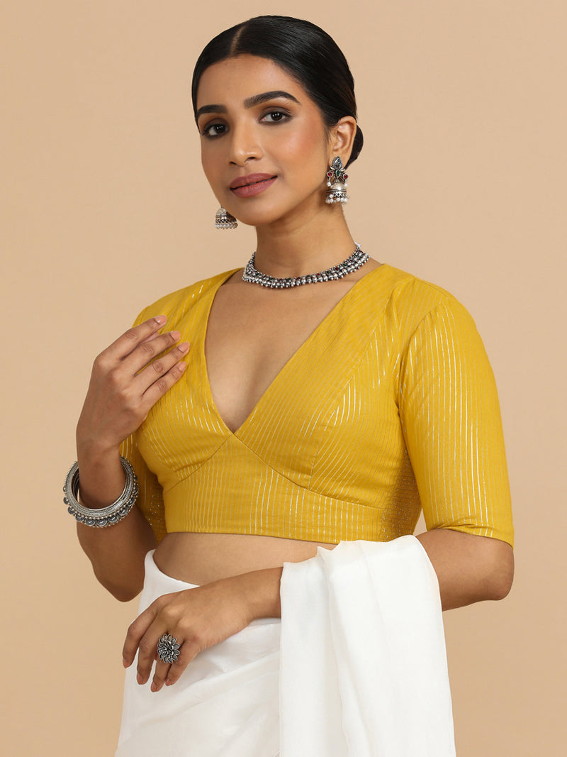 Natasha x Rozaana | Elbow Sleeves Saree Blouse in Turmeric Yellow Silver Stripe Cotton-Binks