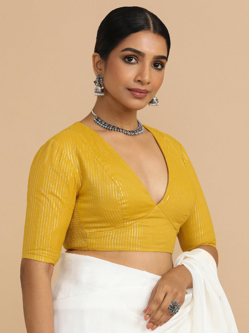 Natasha x Rozaana | Elbow Sleeves Saree Blouse in Turmeric Yellow Silver Stripe Cotton-Binks