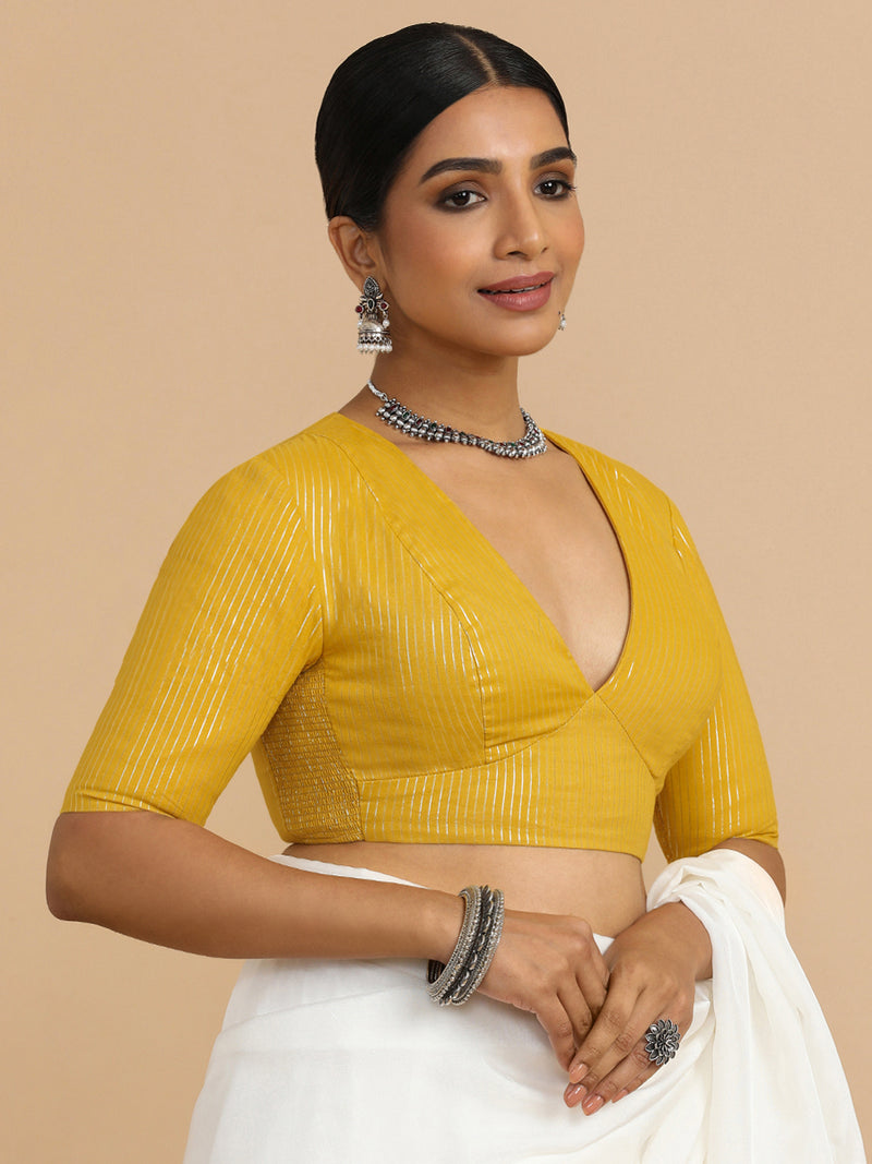 Natasha x Rozaana | Elbow Sleeves Saree Blouse in Turmeric Yellow Silver Stripe Cotton-Binks
