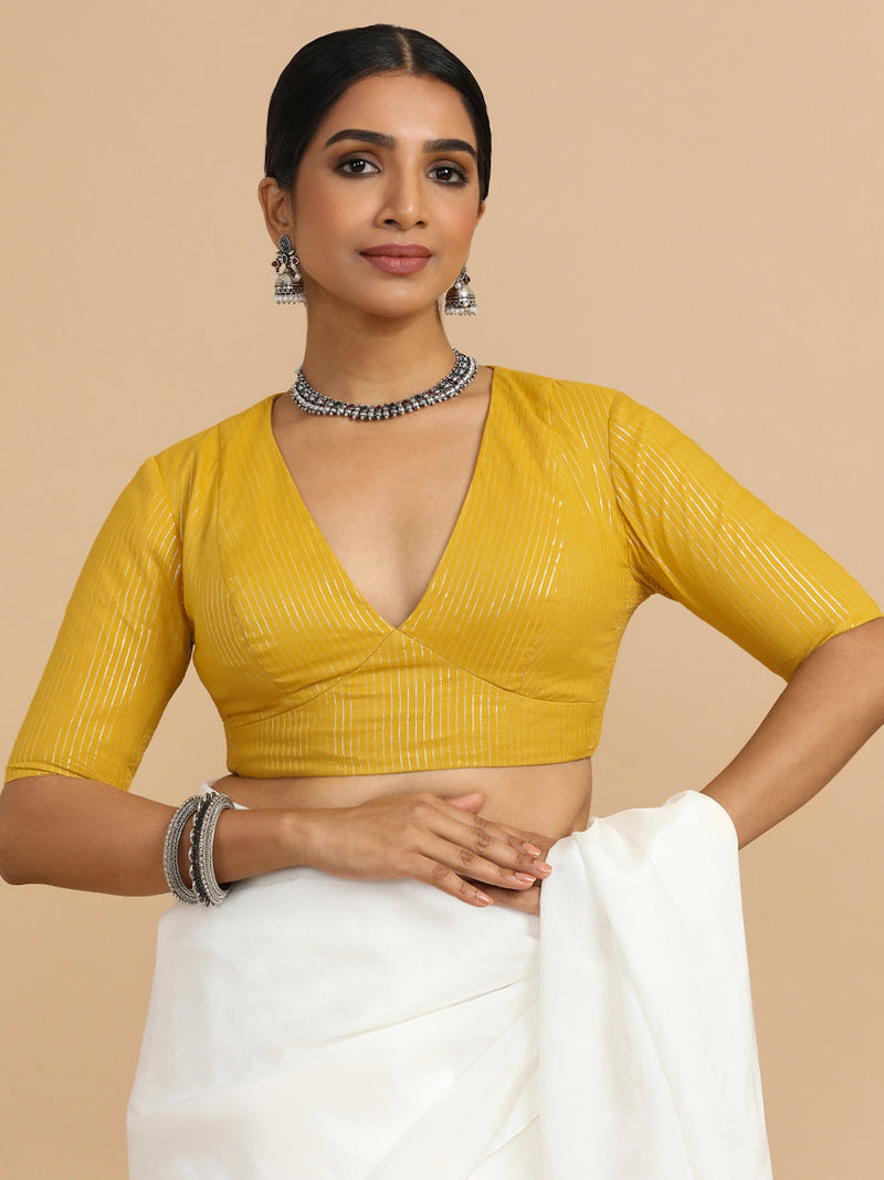Natasha x Rozaana | Elbow Sleeves Saree Blouse in Turmeric Yellow Silver Stripe Cotton-Binks