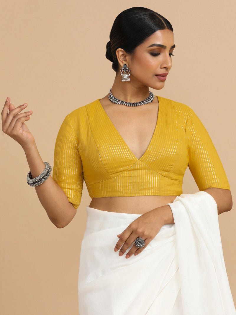 Natasha x Rozaana | Elbow Sleeves Saree Blouse in Turmeric Yellow Silver Stripe Cotton-Binks