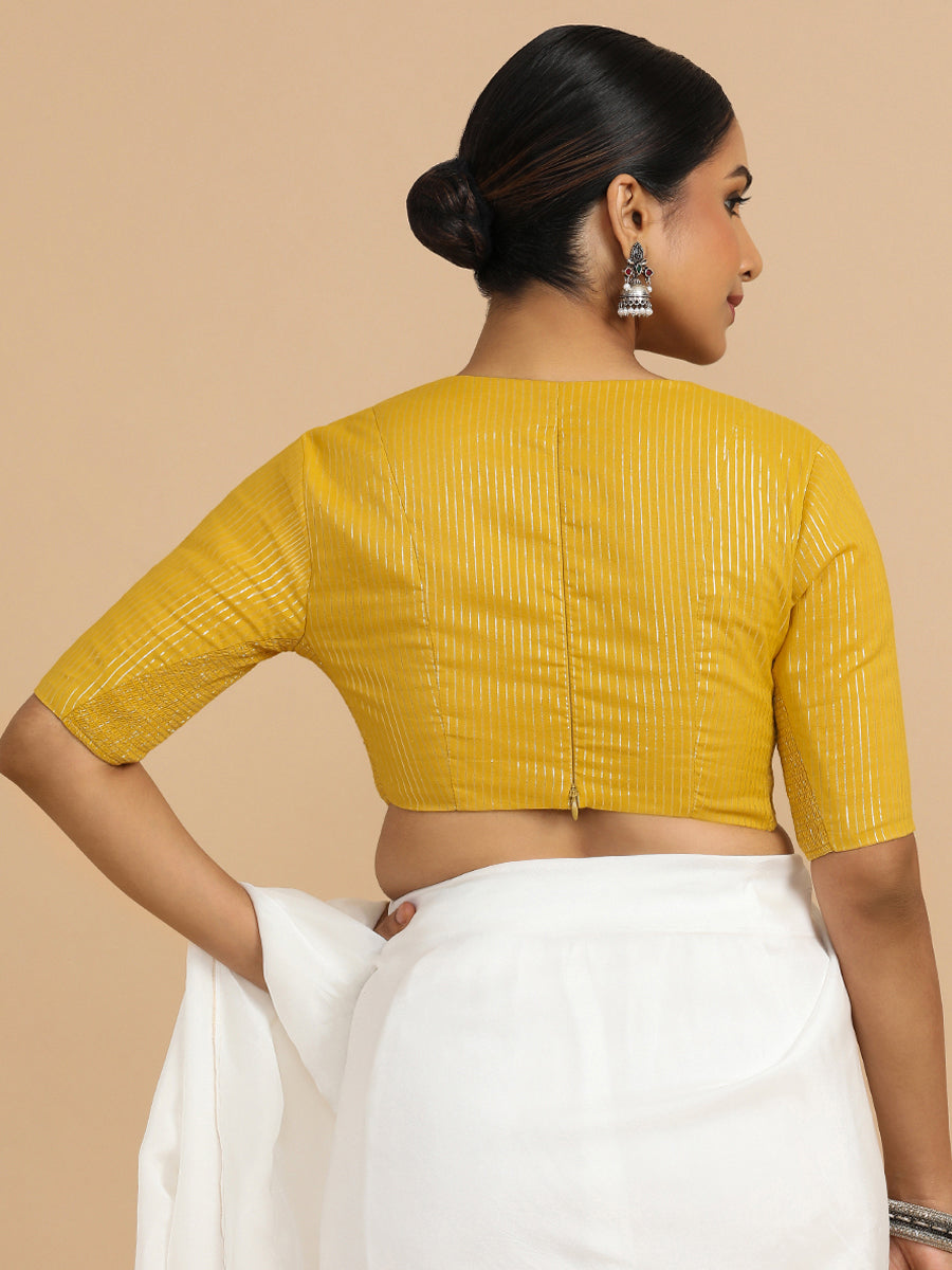 Natasha x Rozaana Saree Blouse, in Yellow 100% Cotton & Lurex, featuring elbow sleeves and v-neckline (view 2).