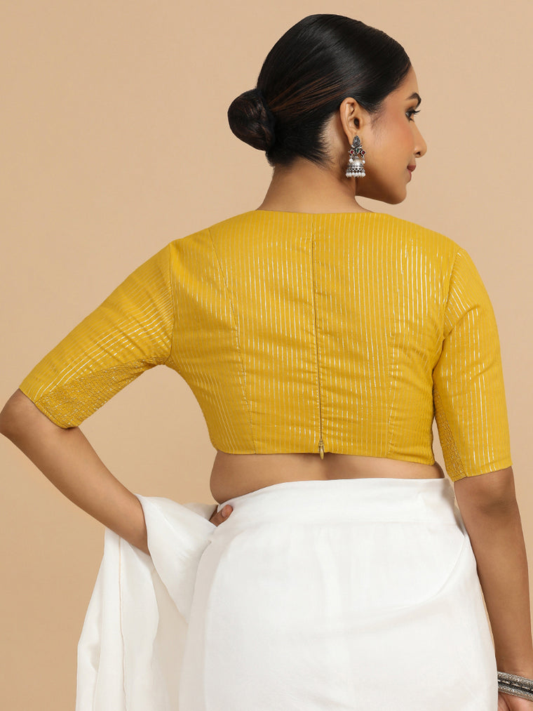 Natasha x Rozaana Saree Blouse, in Yellow 100% Cotton & Lurex, featuring elbow sleeves and v-neckline (view 2).