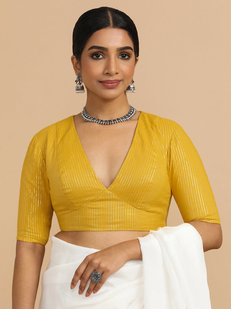 Natasha x Rozaana | Elbow Sleeves Saree Blouse in Turmeric Yellow Silver Stripe Cotton-Binks