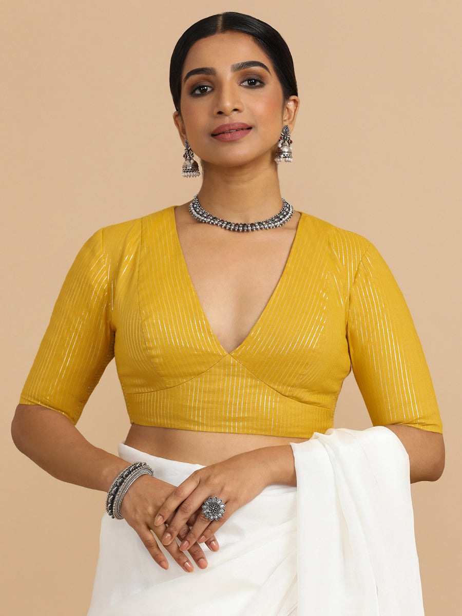 Natasha x Rozaana Saree Blouse, in Yellow 100% Cotton & Lurex, featuring elbow sleeves and v-neckline (view 6).