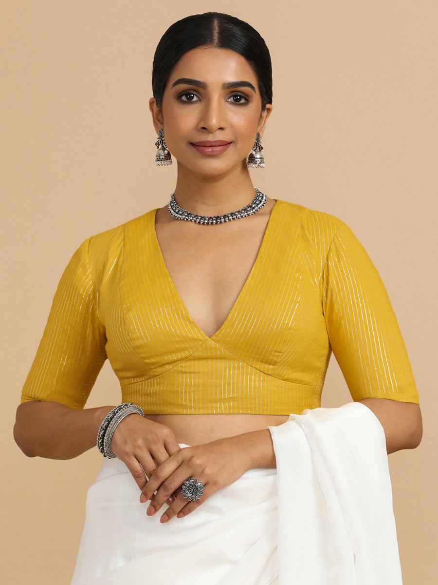 Natasha x Rozaana Saree Blouse, in Yellow 100% Cotton & Lurex, featuring elbow sleeves and v-neckline (view 7).