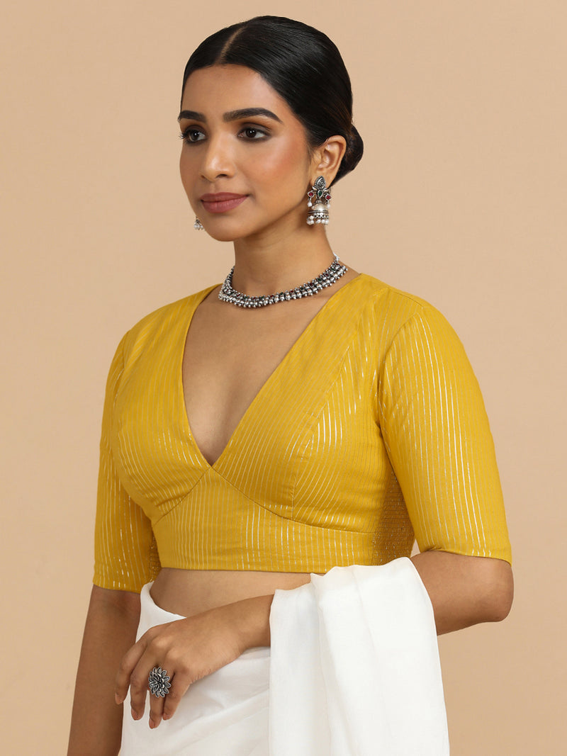 Natasha x Rozaana | Elbow Sleeves Saree Blouse in Turmeric Yellow Silver Stripe Cotton-Binks