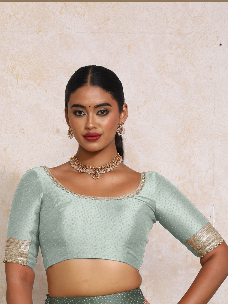 Navika x Tyohaar Saree Blouse, in Blue Chandheri, featuring elbow sleeves and scoop neckline, made for party & festive.