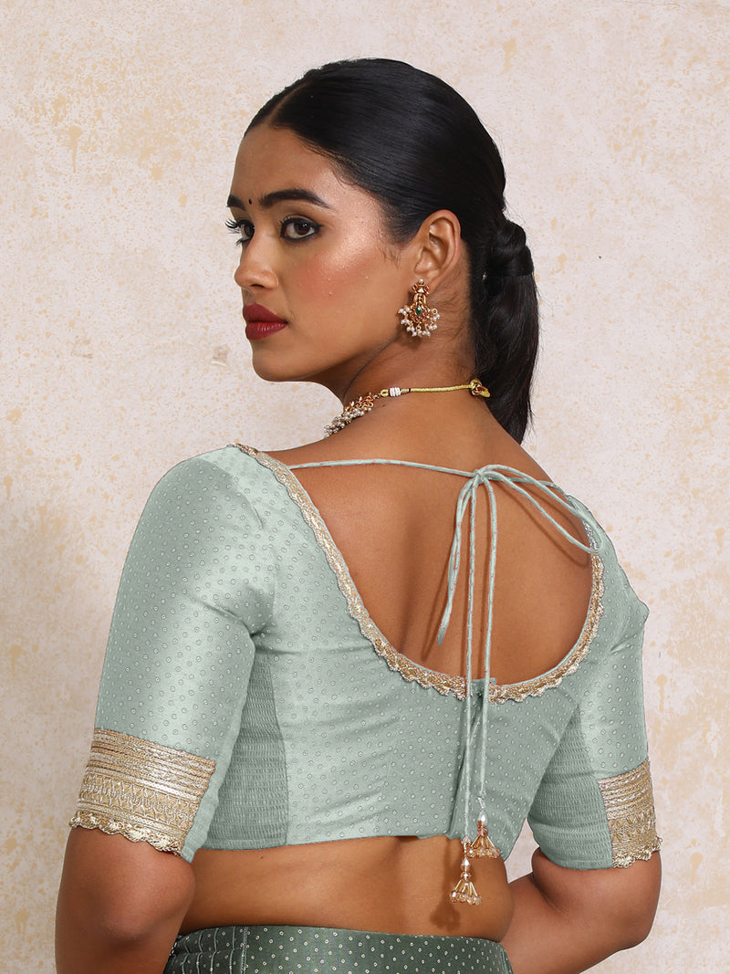Navika x Tyohaar | Elbow Sleeves Blue Green Foil Chandheri Saree Blouse-Binks