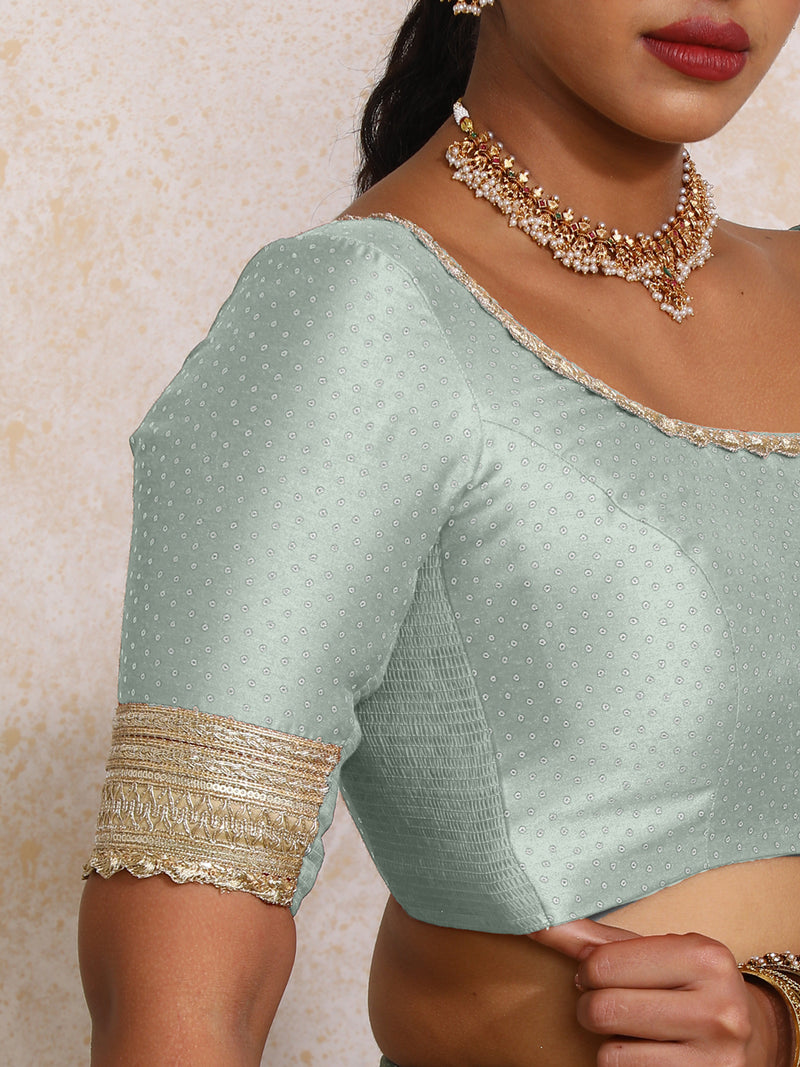 Navika x Tyohaar | Elbow Sleeves Blue Green Foil Chandheri Saree Blouse-Binks