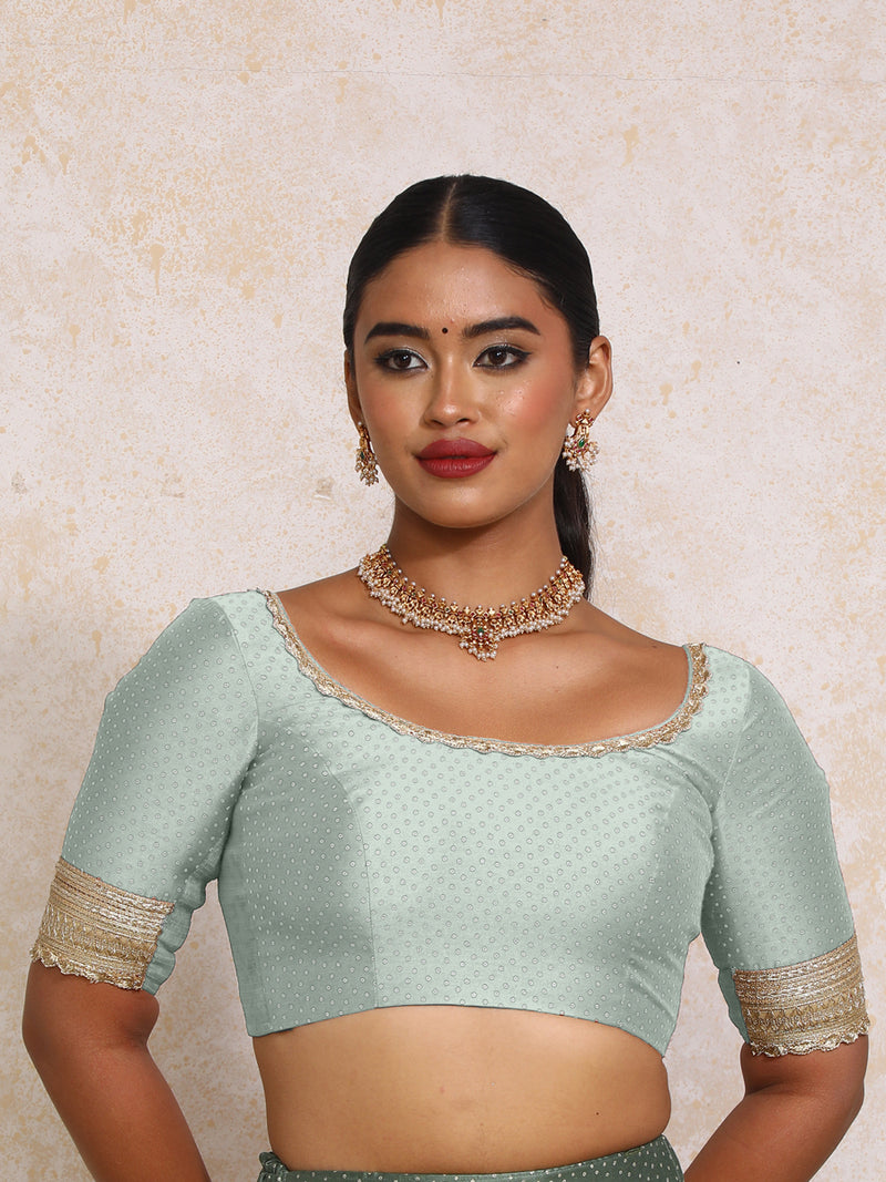 Navika x Tyohaar | Elbow Sleeves Blue Green Foil Chandheri Saree Blouse-Binks
