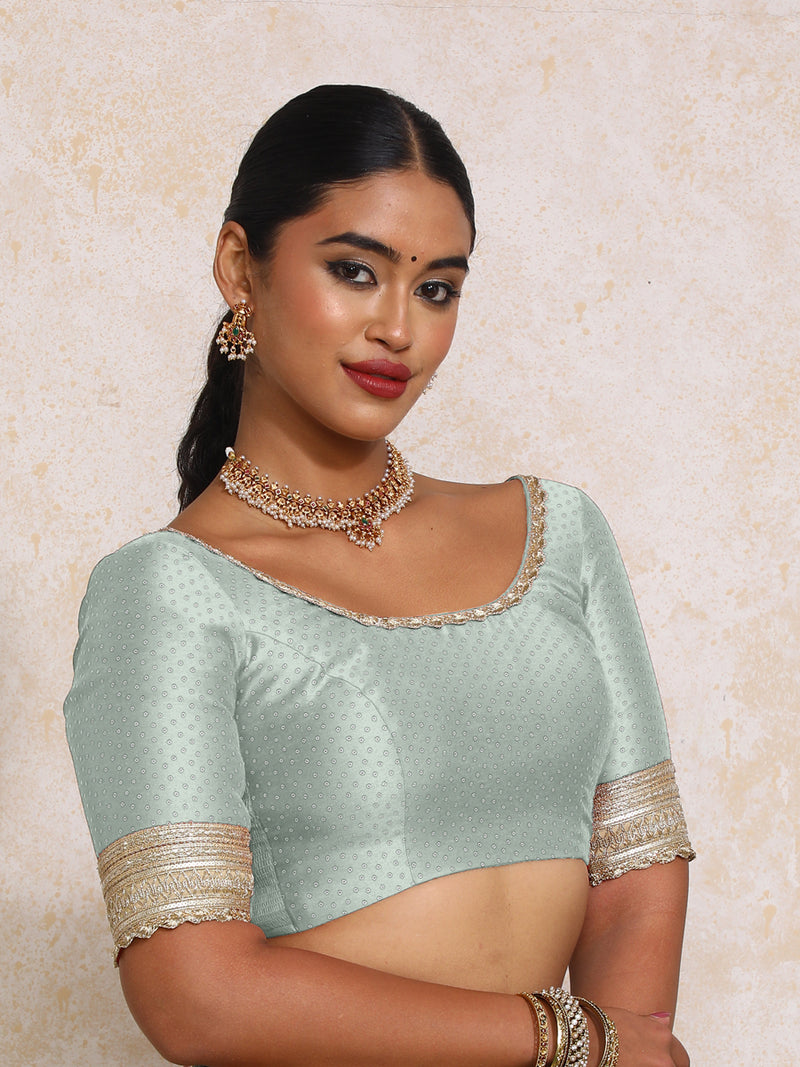 Navika x Tyohaar | Elbow Sleeves Blue Green Foil Chandheri Saree Blouse-Binks