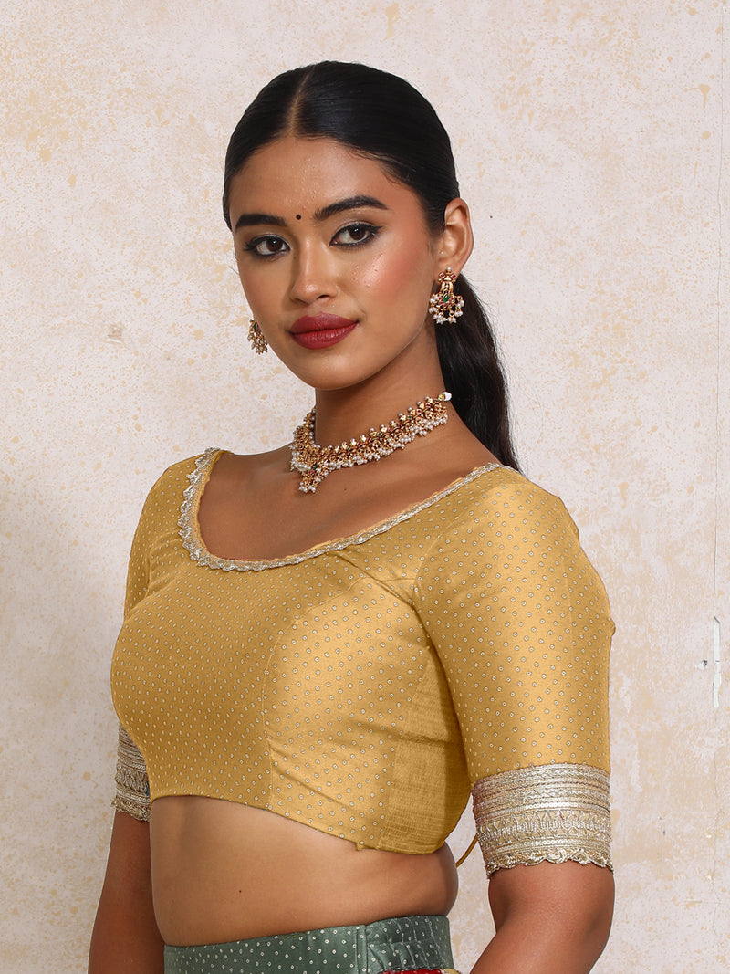 Navika x Tyohaar | Elbow Sleeves Gold Foil Chandheri Saree Blouse-Binks