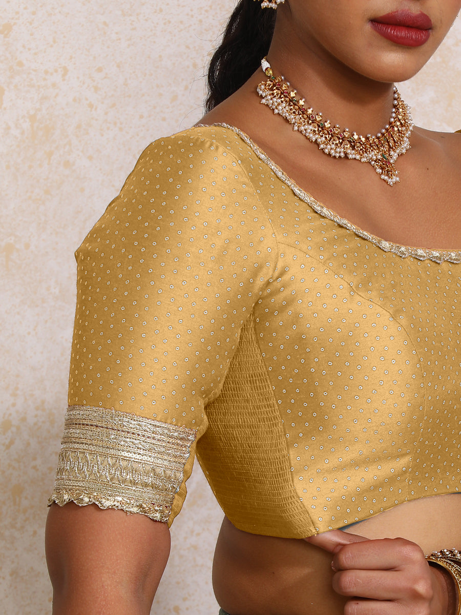 Navika x Tyohaar Saree Blouse, in Gold Chandheri, featuring elbow sleeves and scoop neckline, made for party & festive (view 3).