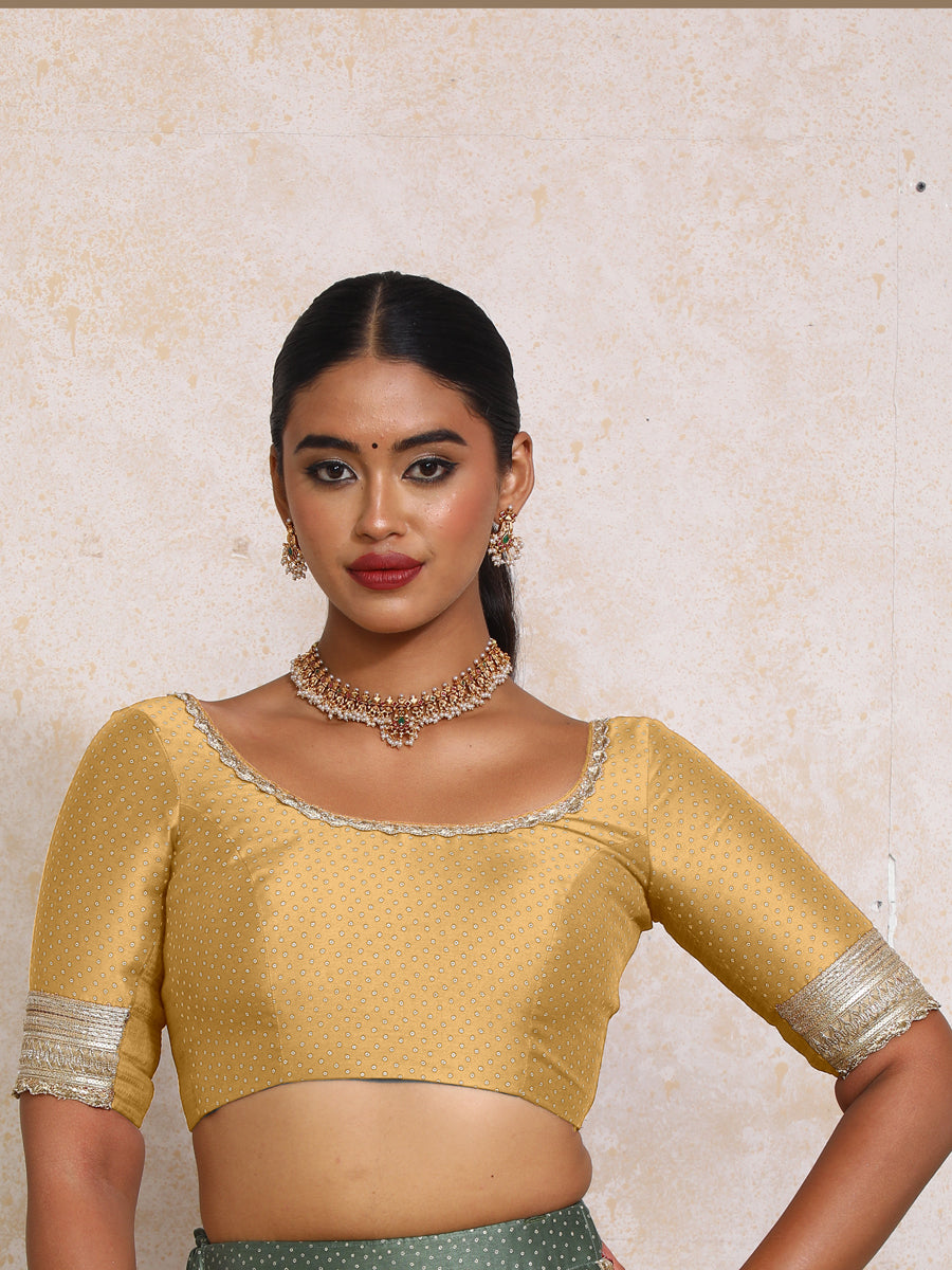 Navika x Tyohaar Saree Blouse, in Gold Chandheri, featuring elbow sleeves and scoop neckline, made for party & festive (view 6).