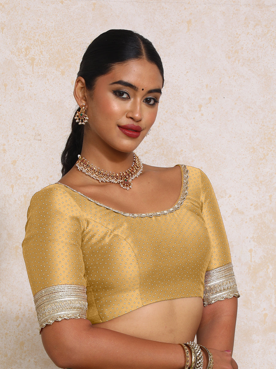 Navika x Tyohaar Saree Blouse, in Gold Chandheri, featuring elbow sleeves and scoop neckline, made for party & festive (view 8).