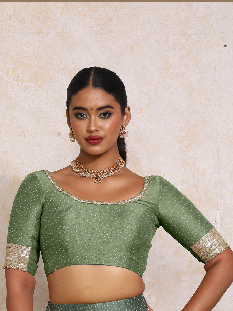 Navika x Tyohaar Saree Blouse, in Green Chandheri, featuring elbow sleeves and scoop neckline, made for party & festive.