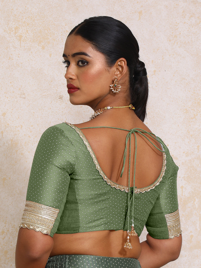 Navika x Tyohaar Saree Blouse, in Green Chandheri, featuring elbow sleeves and scoop neckline, made for party & festive.