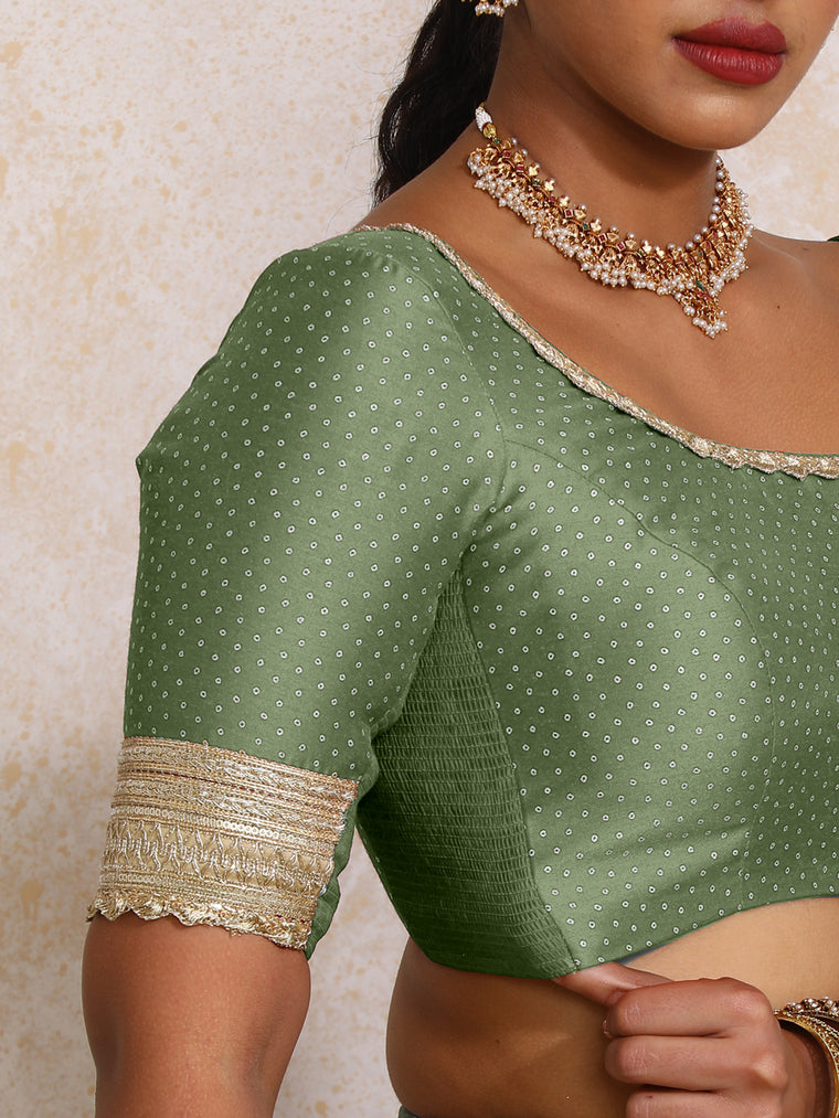 Navika x Tyohaar Saree Blouse, in Green Chandheri, featuring elbow sleeves and scoop neckline, made for party & festive.