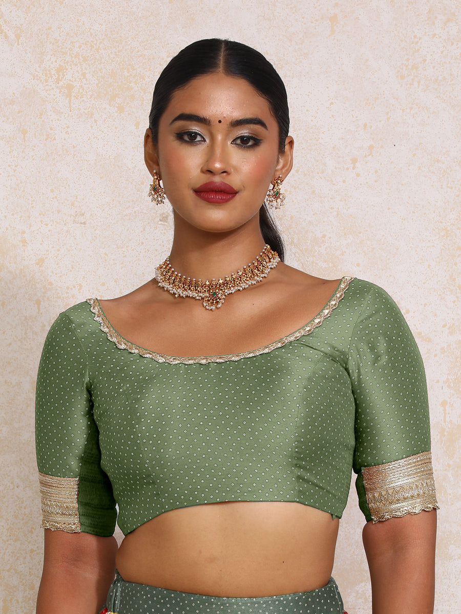 Navika x Tyohaar Saree Blouse, in Green Chandheri, featuring elbow sleeves and scoop neckline, made for party & festive.