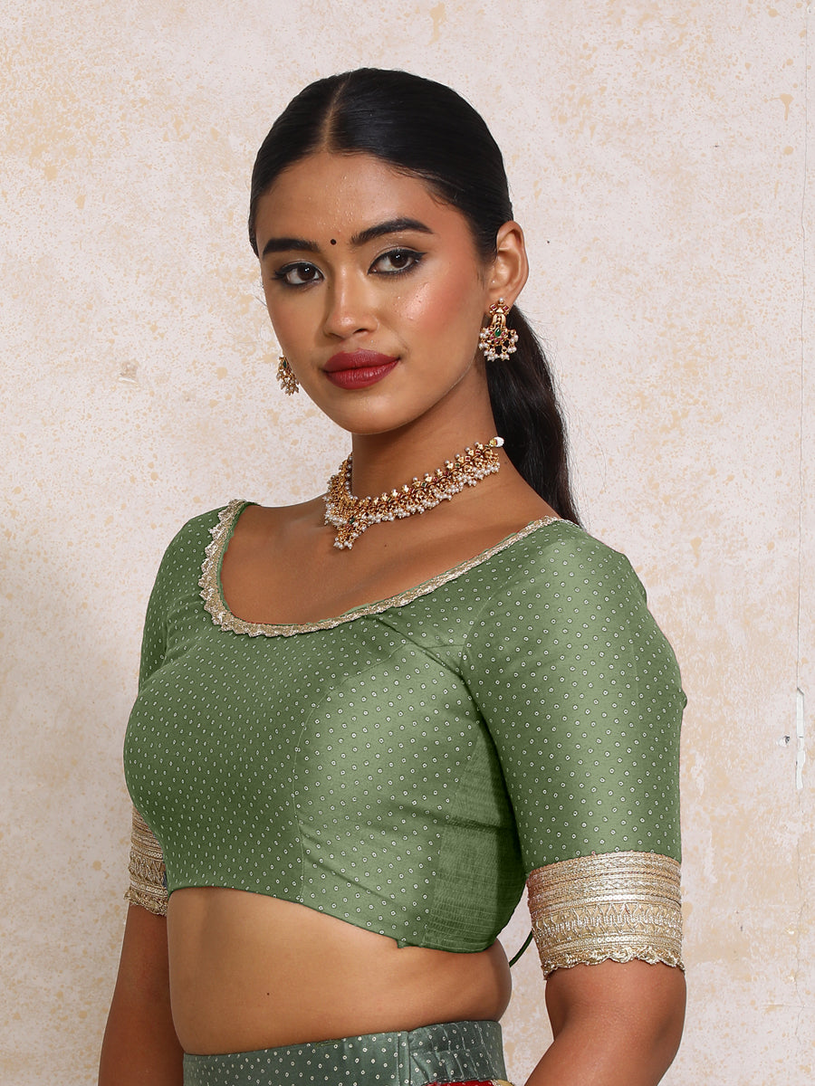 Navika x Tyohaar Saree Blouse, in Green Chandheri, featuring elbow sleeves and scoop neckline, made for party & festive.