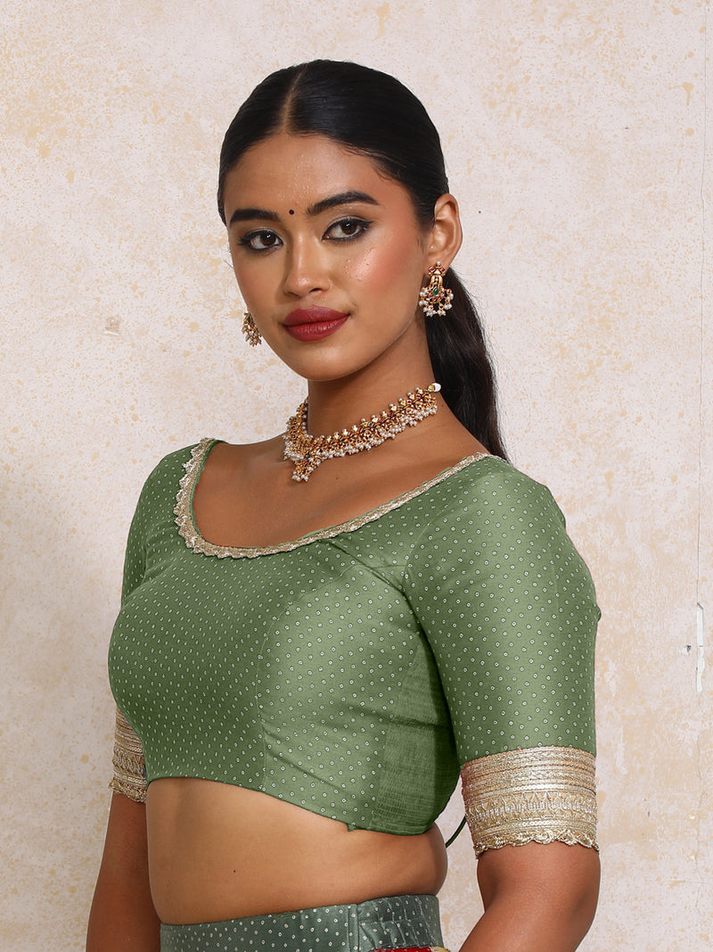Navika x Tyohaar | Elbow Sleeves Green Foil Chandheri Saree Blouse-Binks