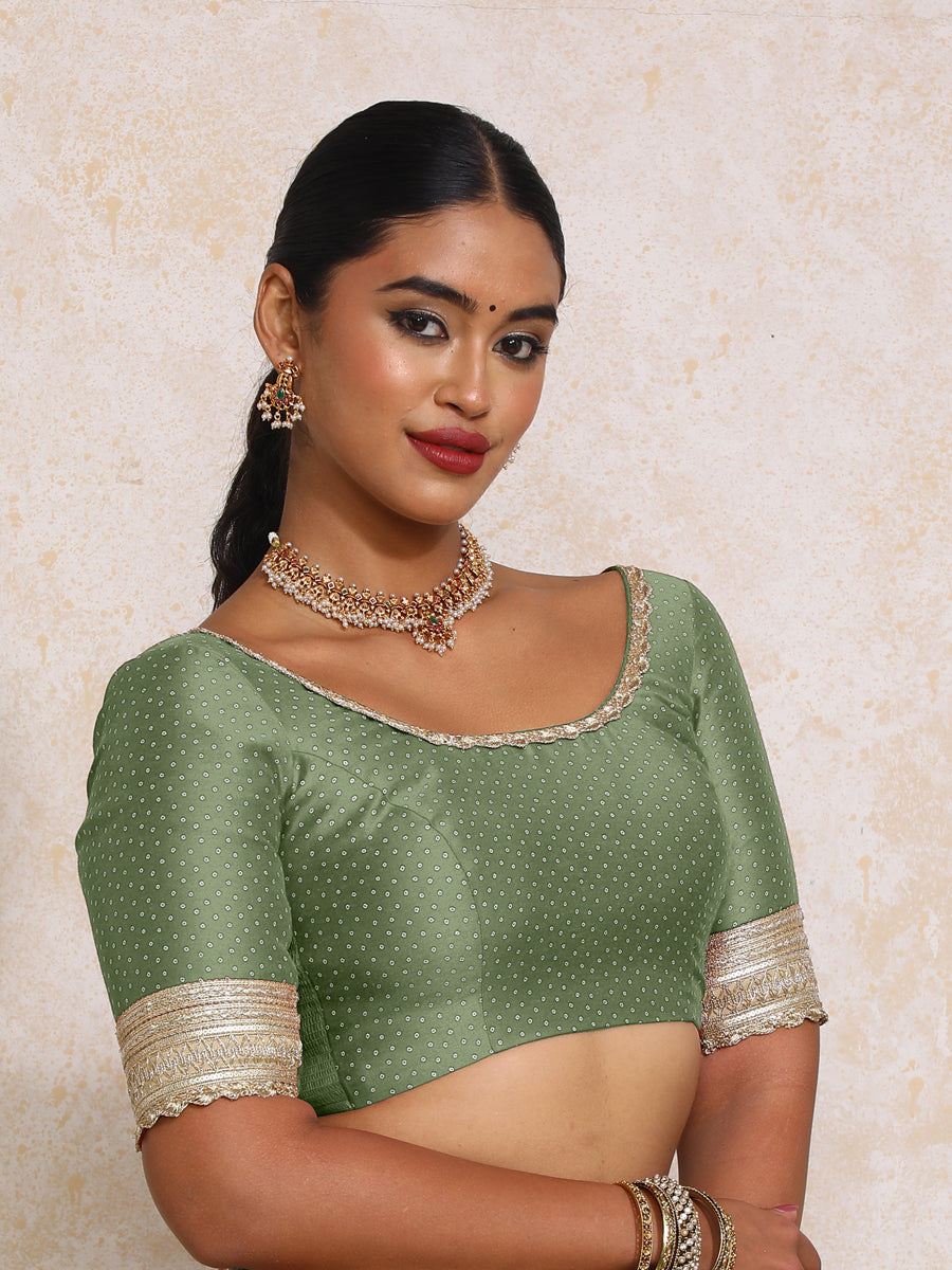 Navika x Tyohaar Saree Blouse, in Green Chandheri, featuring elbow sleeves and scoop neckline, made for party & festive.
