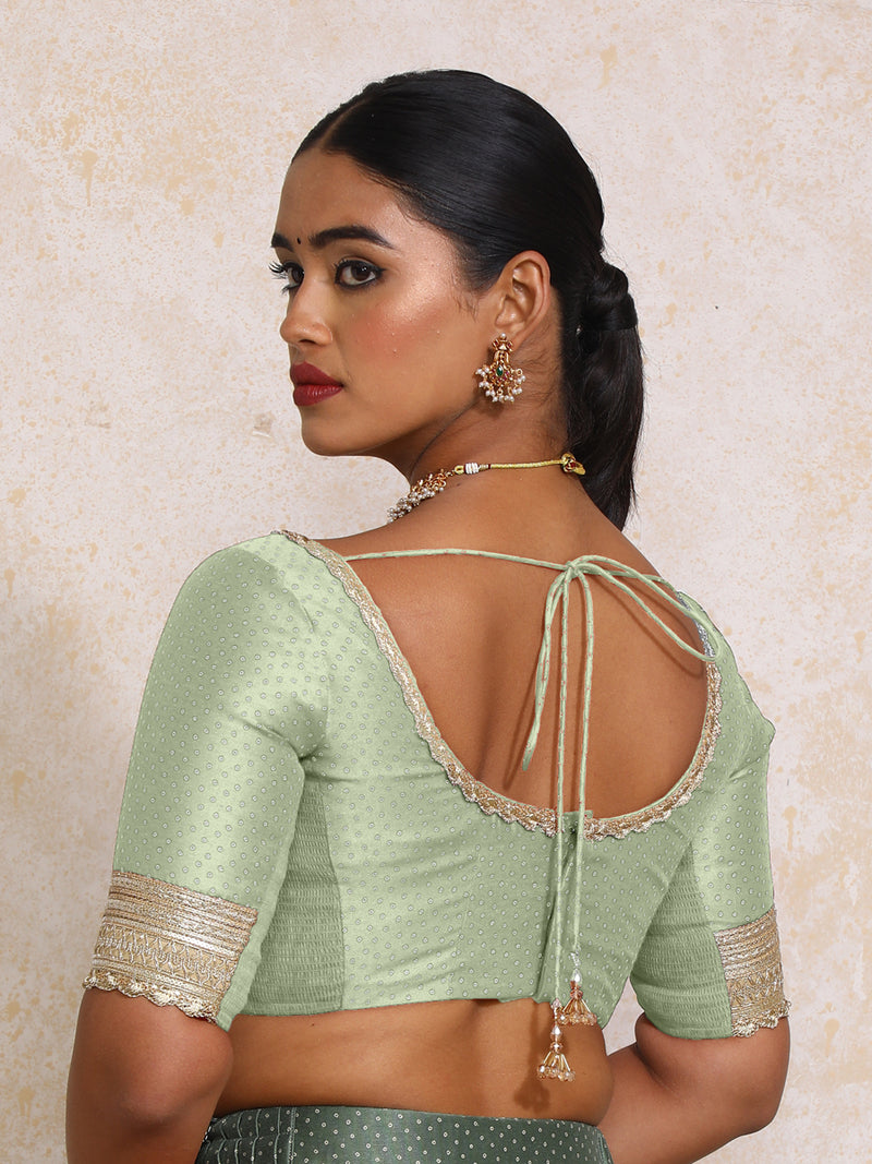Navika x Tyohaar | Elbow Sleeves Light Green Foil Chandheri Saree Blouse-Binks