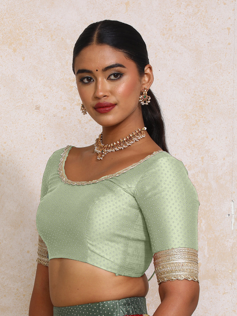 Navika x Tyohaar | Elbow Sleeves Light Green Foil Chandheri Saree Blouse-Binks