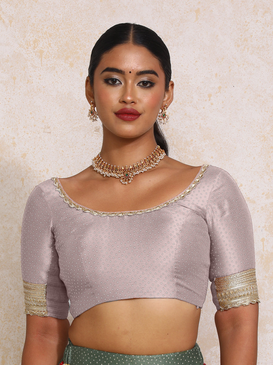 Navika x Tyohaar Saree Blouse, in Purple Chandheri, featuring elbow sleeves and scoop neckline, made for party & festive.