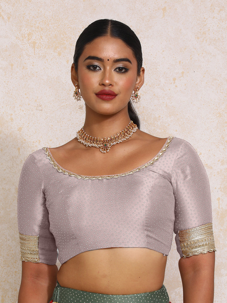 Navika x Tyohaar Saree Blouse, in Purple Chandheri, featuring elbow sleeves and scoop neckline, made for party & festive.