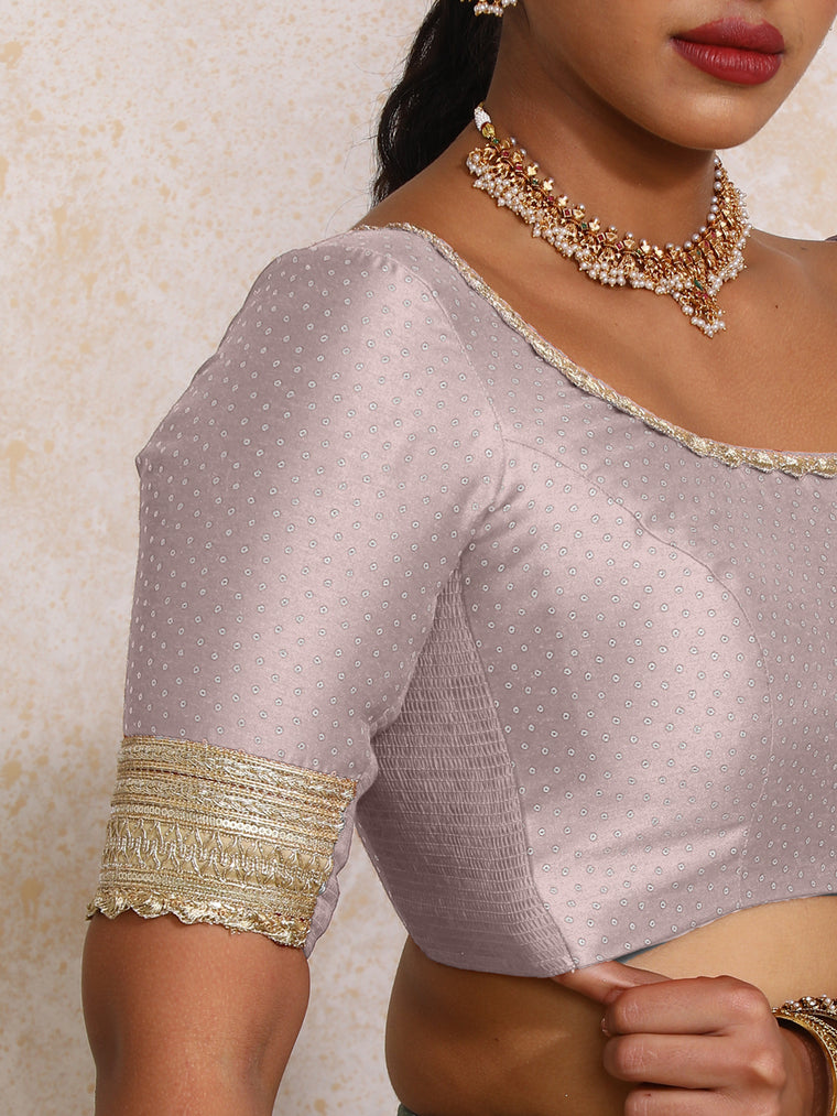 Navika x Tyohaar Saree Blouse, in Purple Chandheri, featuring elbow sleeves and scoop neckline, made for party & festive.
