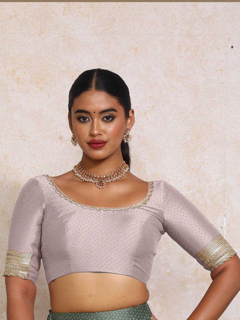 Navika x Tyohaar | Elbow Sleeves Lilac Foil Chandheri Saree Blouse-Binks
