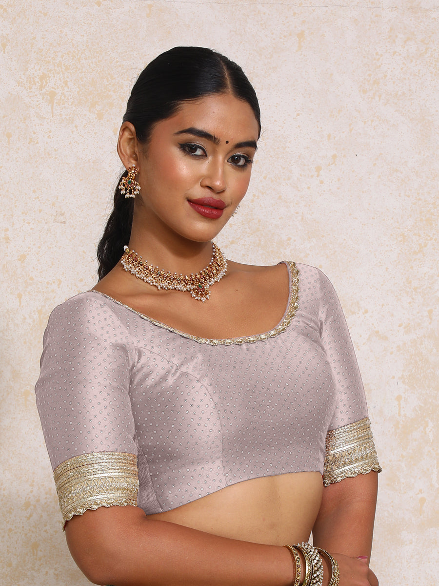 Navika x Tyohaar Saree Blouse, in Purple Chandheri, featuring elbow sleeves and scoop neckline, made for party & festive.