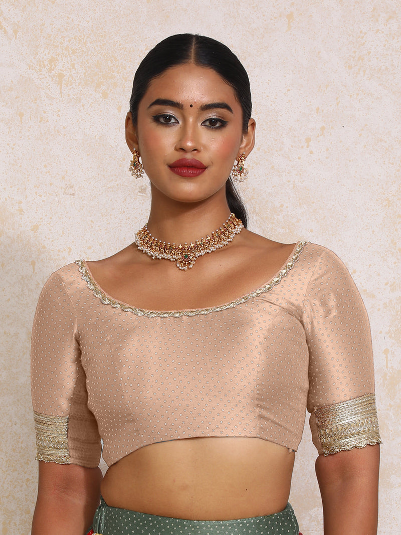 Navika x Tyohaar | Elbow Sleeves Muted Copper Foil Chandheri Saree Blouse-Binks
