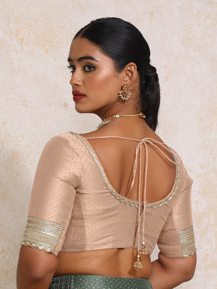 Navika x Tyohaar Saree Blouse, in Copper Chandheri, featuring elbow sleeves and scoop neckline, made for party & festive.