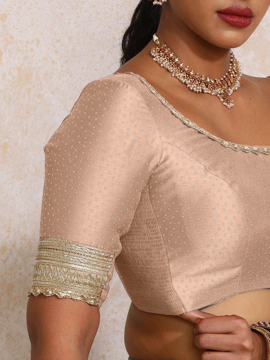 Navika x Tyohaar Saree Blouse, in Copper Chandheri, featuring elbow sleeves and scoop neckline, made for party & festive.