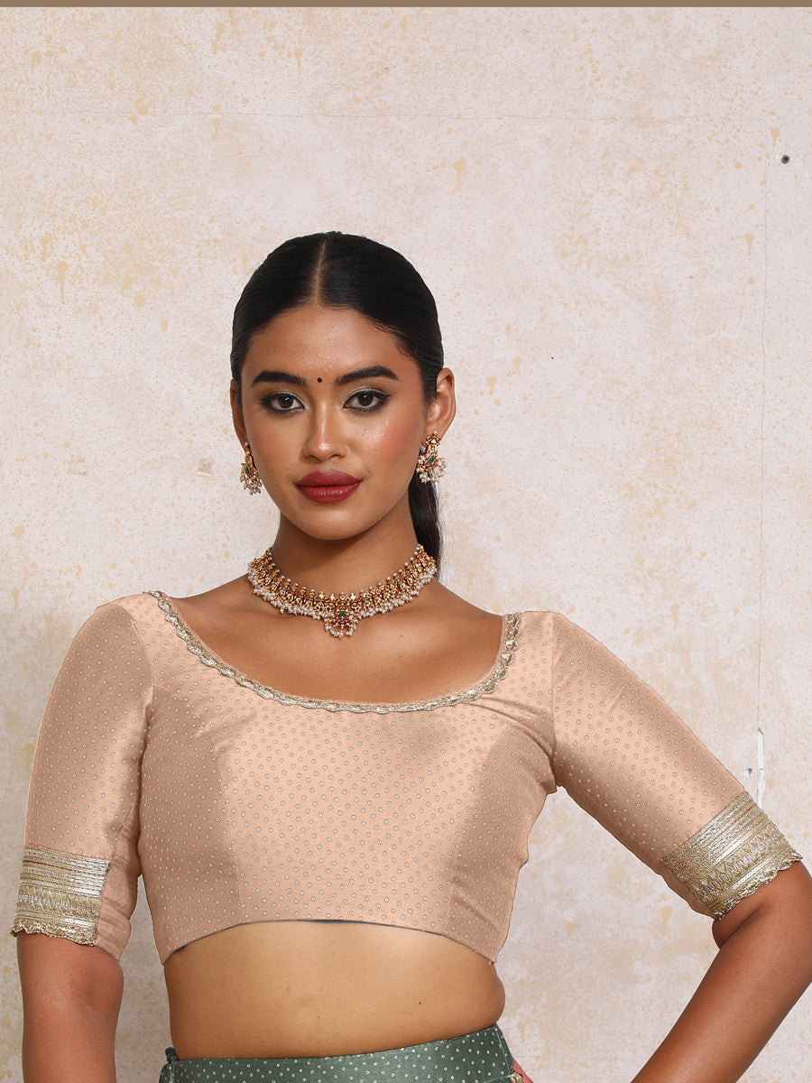 Navika x Tyohaar Saree Blouse, in Copper Chandheri, featuring elbow sleeves and scoop neckline, made for party & festive.