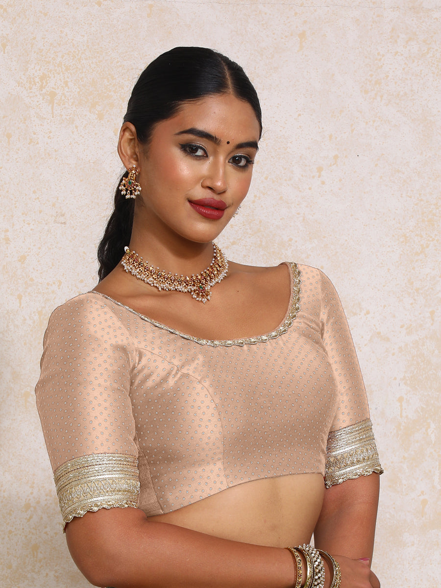 Navika x Tyohaar Saree Blouse, in Copper Chandheri, featuring elbow sleeves and scoop neckline, made for party & festive.