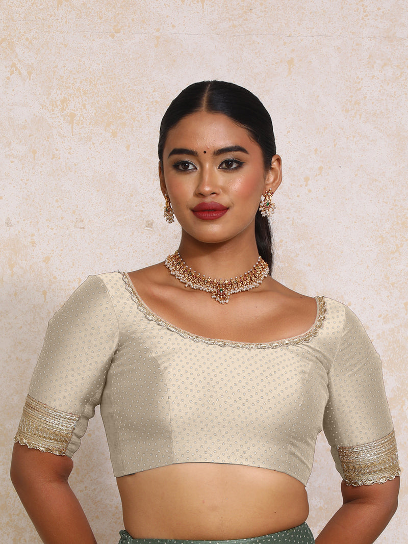 Navika x Tyohaar | Elbow Sleeves Oyster Grey Foil Chandheri Saree Blouse-Binks