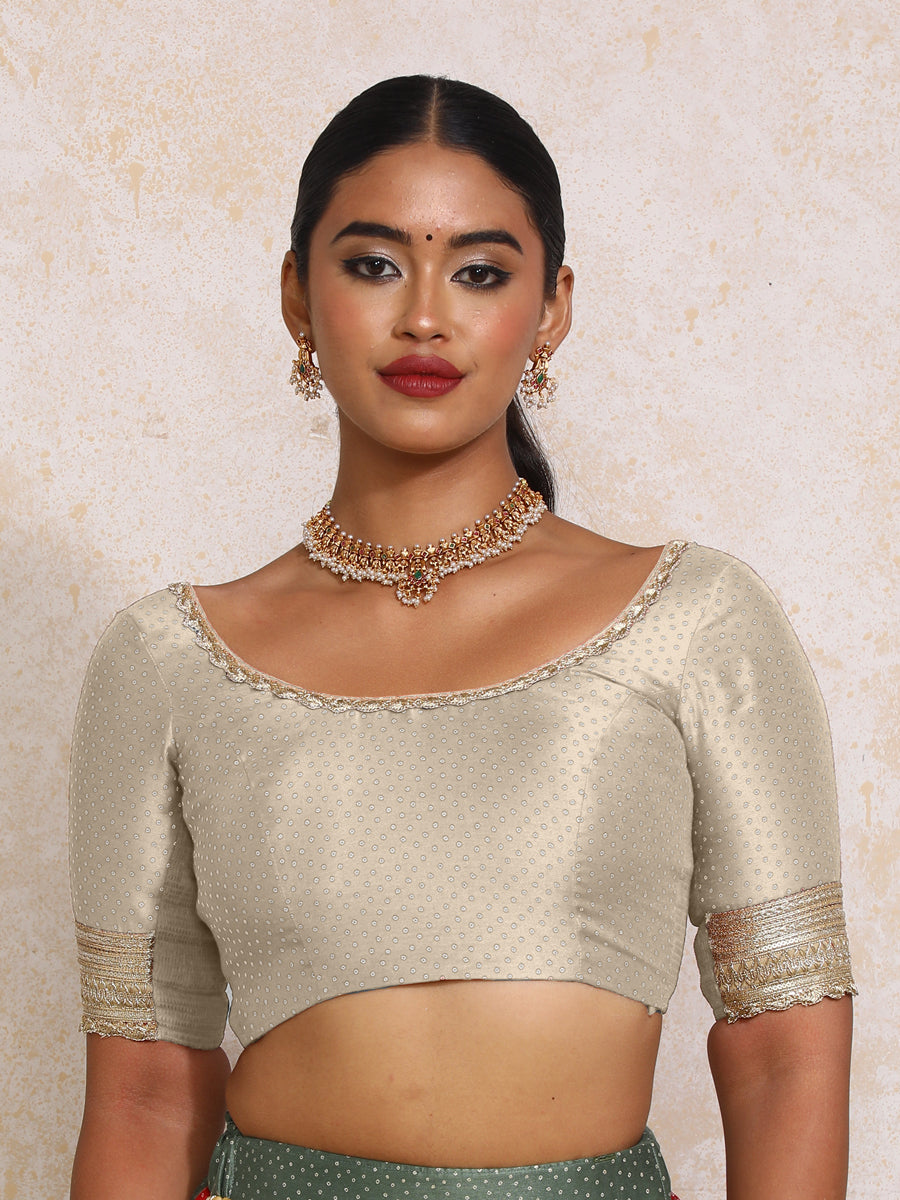 Navika x Tyohaar Saree Blouse, in Grey Chandheri, featuring elbow sleeves and scoop neckline, made for party & festive (view 5).
