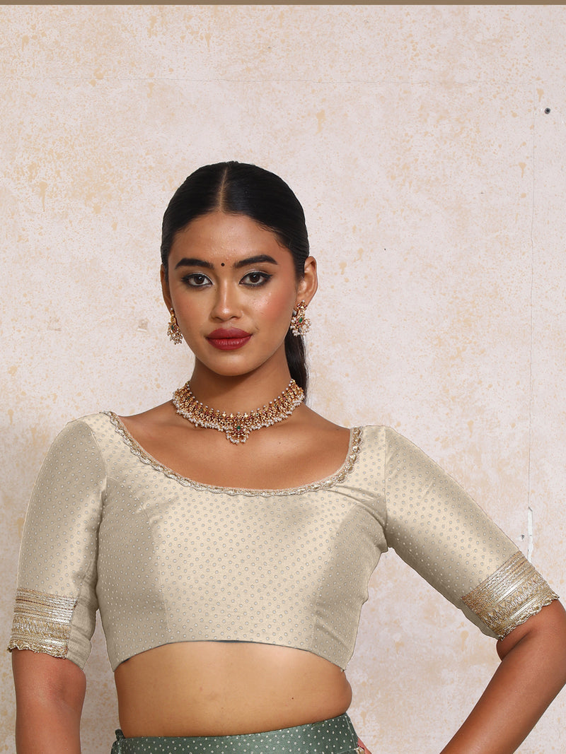 Navika x Tyohaar | Elbow Sleeves Oyster Grey Foil Chandheri Saree Blouse-Binks